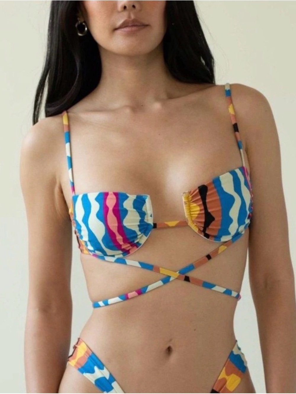 Multicolor Wave-Print Wrap Bikini Top - Women Swim